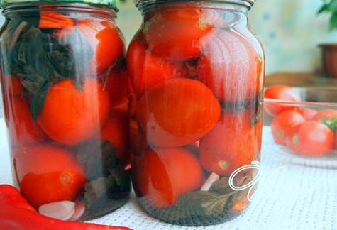 Tomaten mit Apfelessig auf dem Tisch in Gläsern
