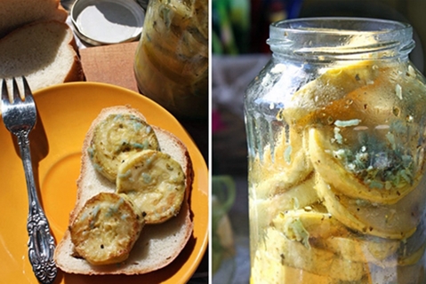 das Aussehen von gebratenen Zucchini in einem Glas